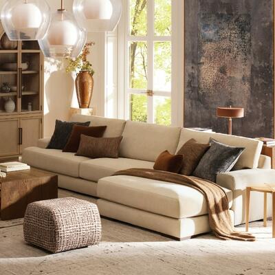 Upholstered in Crypton home performance fabric in Beacon cashmere