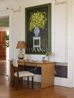 Incredible carving adds interest to the clean waterfall form of the Cascade desk 