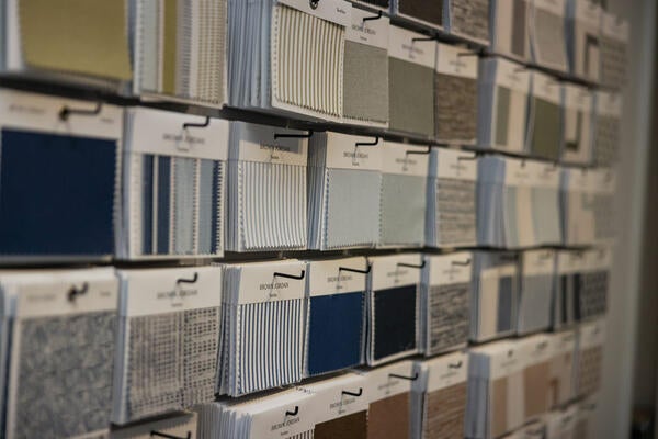Fabric samples on display in the Brown Jordan showroom