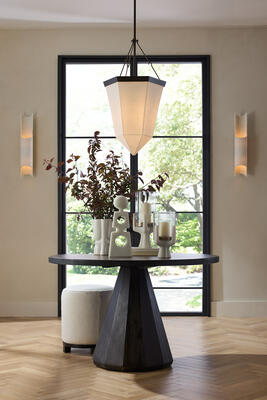 Serena entry table, Lillian pendant, Matthew sconces, Maria hurricanes, Maud vase, Malcolm sculpture