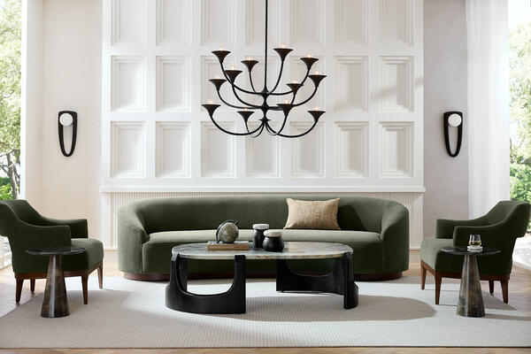 Turner sofa, Lorena coffee table, Larkin chandelier, Laredo sconces, Noelle containers