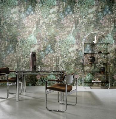 Foret des Muses brings a painterly design to life on a linen-look textile with an underlying foil