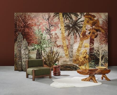 Yasuni is composed of short, sharp lines in warm, rich colors on a soft velvet finish