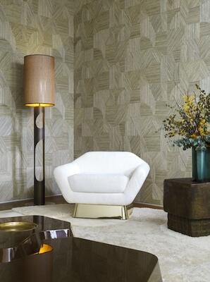 Refraction features coarse natural and hand-dyed raffia strips, handwoven, cut and inlaid