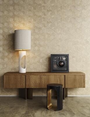 Reflect consists of narrow, hand-dyed raffia strips woven, cut and inlaid in a geometric pattern