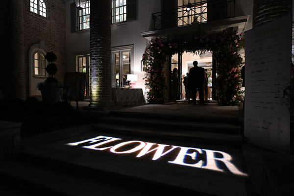 The showhouse’s entrance illuminated for the evening