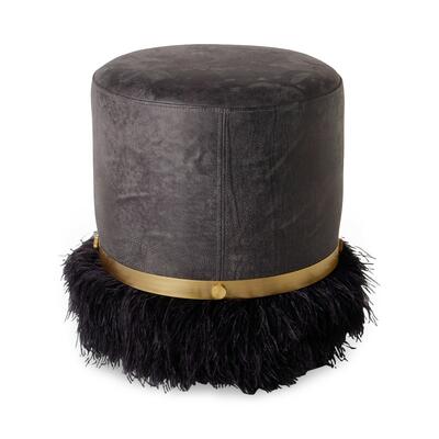 Ostrich Fluff pouf ottoman in Charcoal Leather/Black Feather