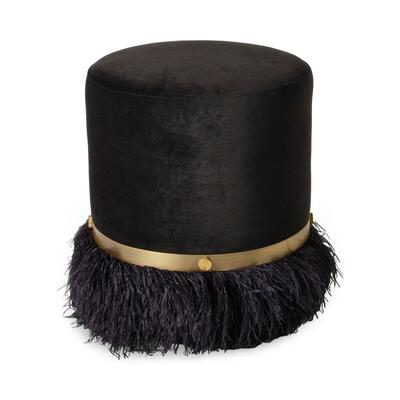 Ostrich Fluff pouf ottoman in Black Velvet/Black Feather