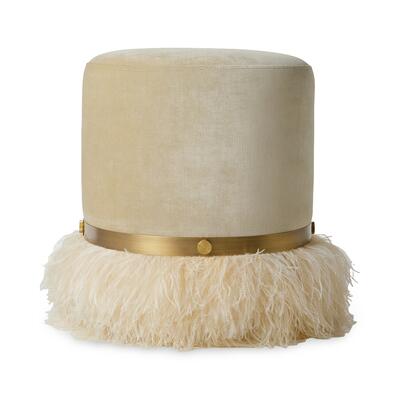 Ostrich Fluff pouf ottoman in Porcelain Velvet/Cream Feather