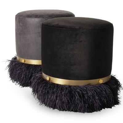 Ostrich Fluff pouf ottomans in Black Leather and Black Velvet