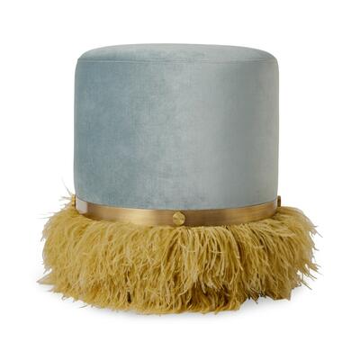 Ostrich Fluff pouf ottoman in Silver Velvet/Gold Feather