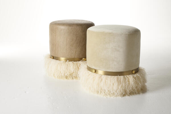 Ostrich Fluff pouf ottomans in Taupe Leather/Cream Feather and Porcelain Velvet/Cream Feather