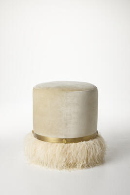 Ostrich Fluff pouf ottoman in Porcelain Velvet/Cream Feather