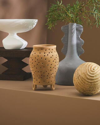 Ducoli organic bowl, Davin pedestal, Anouar vase, Yassine candleholder, Moulard wooden sphere