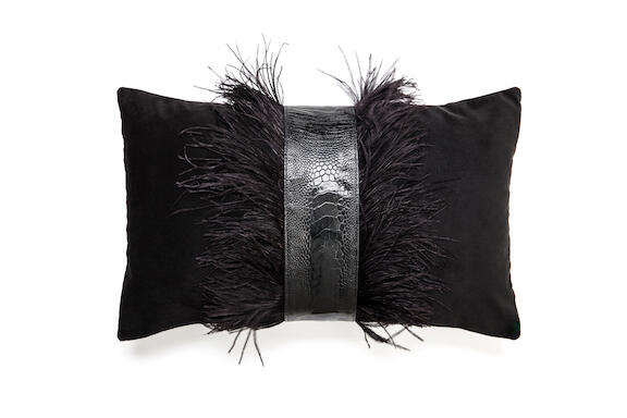 Ostrich trim pillow in Black/Velvet