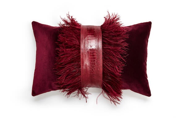 Ostrich trim pillow in Cabernet/Velvet