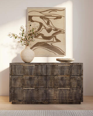 Pierce dresser, Montague wall decor, Octavia vase, Nori bowl, Alba rug