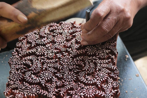Mahal embroidered fabric in Teak Brown