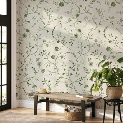 Lalbagh paperweave wallcovering in Neem Green in situ