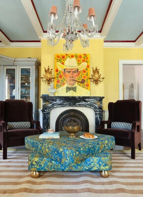 Custom Marais cocktail ottoman, Polanco rug, Julianne chairs and Frank artwork