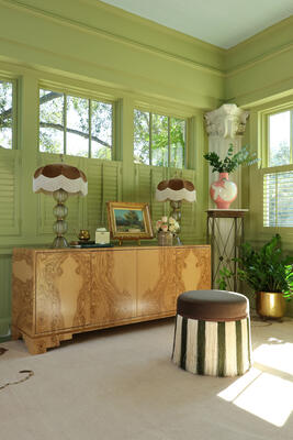 Custom Piper credenza and Kapari ottoman