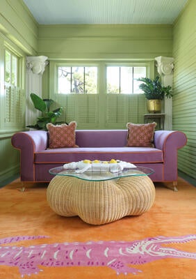 Custom Portofino sofa, Bite Me rug in Pink and Cloud rattan coffee table