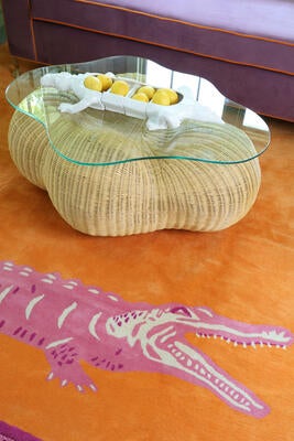 Bite Me rug in Pink and Cloud rattan coffee table