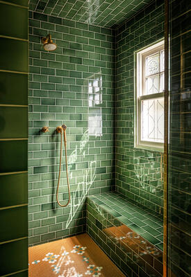 Hunter Green subway tile shower paired with Viva mosaics