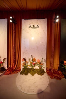 A slab of Cosentino’s new mineral surfacing brand, Éclos, featuring intricate and artful veining