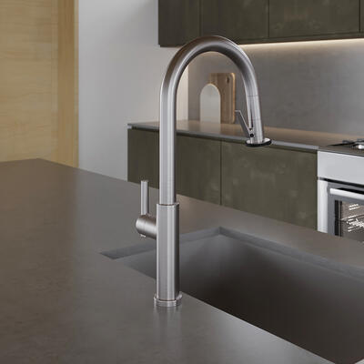 East Linear kitchen trigger-spray faucet (1500–5183) in Satin Nickel PVD (15S)