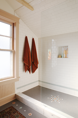 This attic bath has been masterfully designed with character and intent for a timeless space