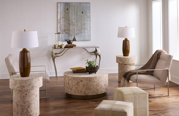 Configuration Side&Coffee Table,Cream Hide Ottoman, Toffee Table Lamp