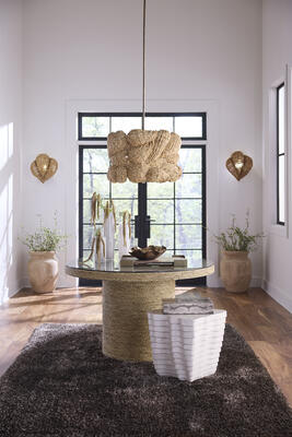 Anguilla Chandelier, Harbor Round Bistro Table,Strata Side Table,Venom Decorative Box