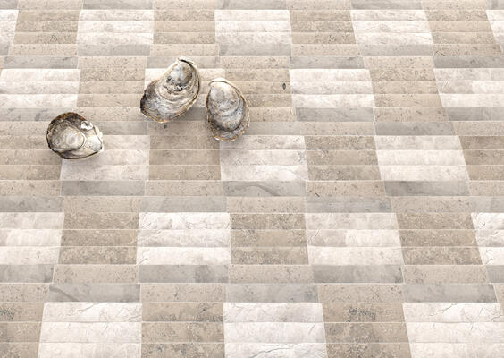 Barlow, a hand-cut stone mosaic, in Venetian honed Gascogne Blue, Stratus, Palomar and Jura Grey