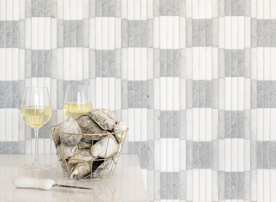 Barlow, a hand-cut stone mosaic, in Venetian honed Thassos, Afyon White, Carrara and Bardiglio Light