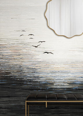 Bayside, a hand-cut glass and waterjet mosaic, shown in Obsidian, Lavastone, Alabaster, Pearl, Galena, Champagne, Moonstone, Absolute White, Labradorite, Desert Rose and Fluorite jewel glass