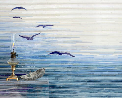 Bayside, a hand-cut glass and waterjet mosaic, shown in Angelite, Lace Agate, Absolute White, Covelite, Lapiz Lazuli, Opal and Moonstone jewel glass