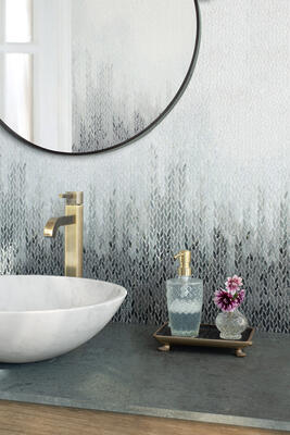 Corisa Petite, a waterjet-cut mosaic, in honed Snow White, Jura Green, Lettuce Ming, Spring Green, Dark Chartreuse, Ming Green and Kay’s Green