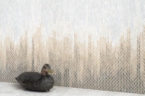 Corisa Petite, a waterjet-cut mosaic, in honed Heavenly Cream, Bursa Beige, Jura Beige, Lagos Gold, Emperador Light and Montevideo