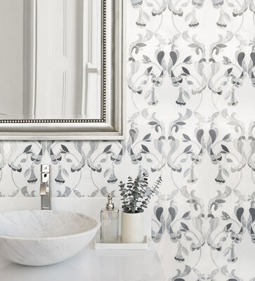 Evans, a waterjet-cut mosaic, in polished Carrara, Bardiglio Dark, Bardiglio Light and Dolomite
