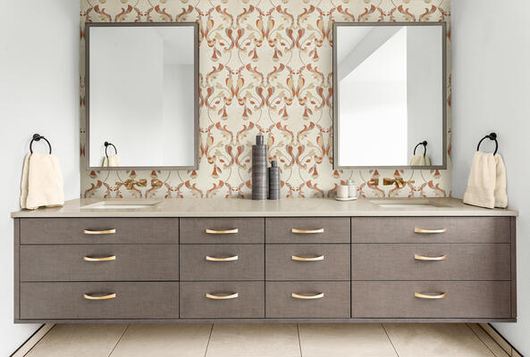 Evans, a waterjet-cut mosaic, in honed Bianco Antico and polished Tulip, Primrose and Honeysuckle