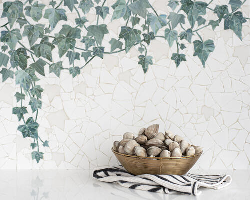 Greenbrier, a hand-cut glass and waterjet mosaic, in Absolute White and Opal Sea Glass with glossy Jade