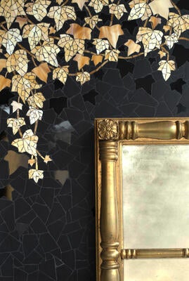 Greenbrier, a hand-cut glass and waterjet mosaic, in Obsidian Sea Glass with glossy Obsidian, 24k Gold, Quartz and Amber