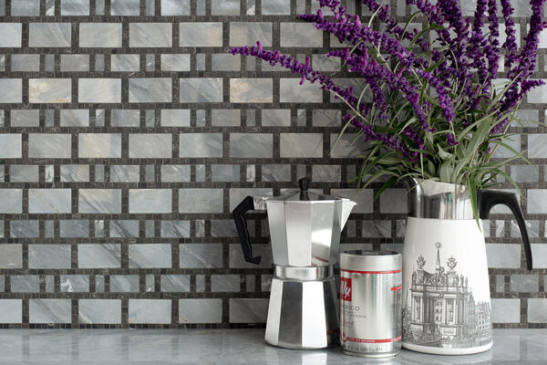 Lankford, a hand-cut stone mosaic, in honed and polished Argent Blue and hand-chopped tumbled Saint Laurent 