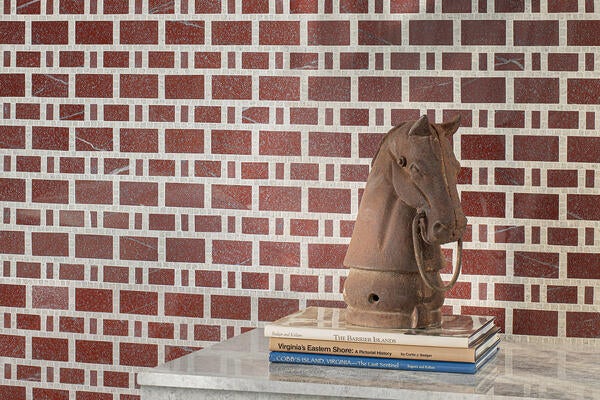 Lankford, a hand-cut stone mosaic, in honed and polished Red Lake and hand-chopped tumbled Gascogne Blue