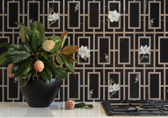 Sweetbay, a waterjet stone mosaic, in honed Nero Marquina, polished Driftwood, and glossy Tropical White, Frost, Harvest and Mosstone