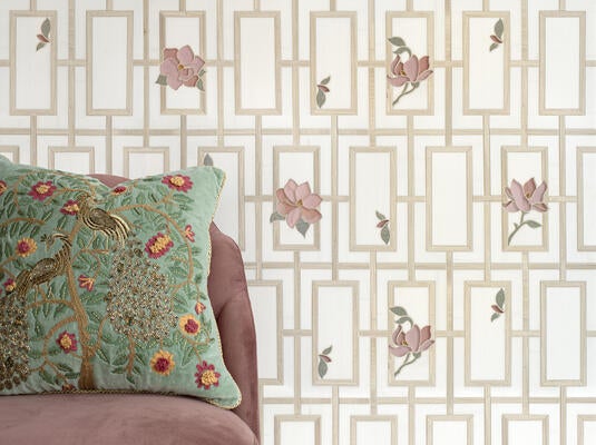 Sweetbay, a waterjet stone mosaic, in honed Dolomite, Whitewood, polished Eucalyptus, and glossy Harvest, Rose Petal and Anemone