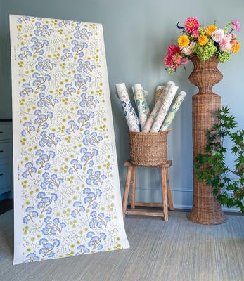 Nikko wallpaper; large sample in Terracotta Blue Haze colorway