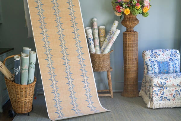 Anne grasscloth; large sample in Quaker Blue/Natural, with five colorways in total 