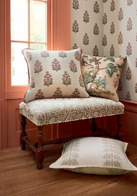 Audrey wallcovering and fabric in Blush and Forest Lodge in Apricot